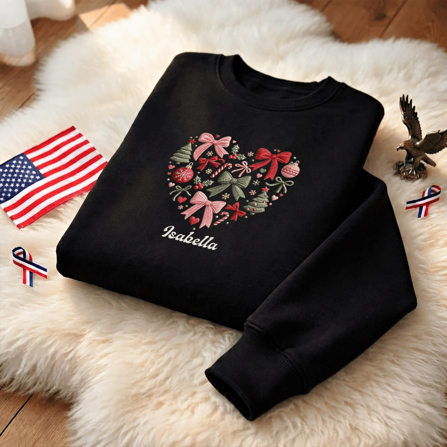 Personalized Embroidered Christmas Heart Wreath Sweatshirt with Custom Name