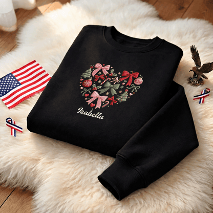 Personalized Embroidered Christmas Heart Wreath Sweatshirt with Custom Name