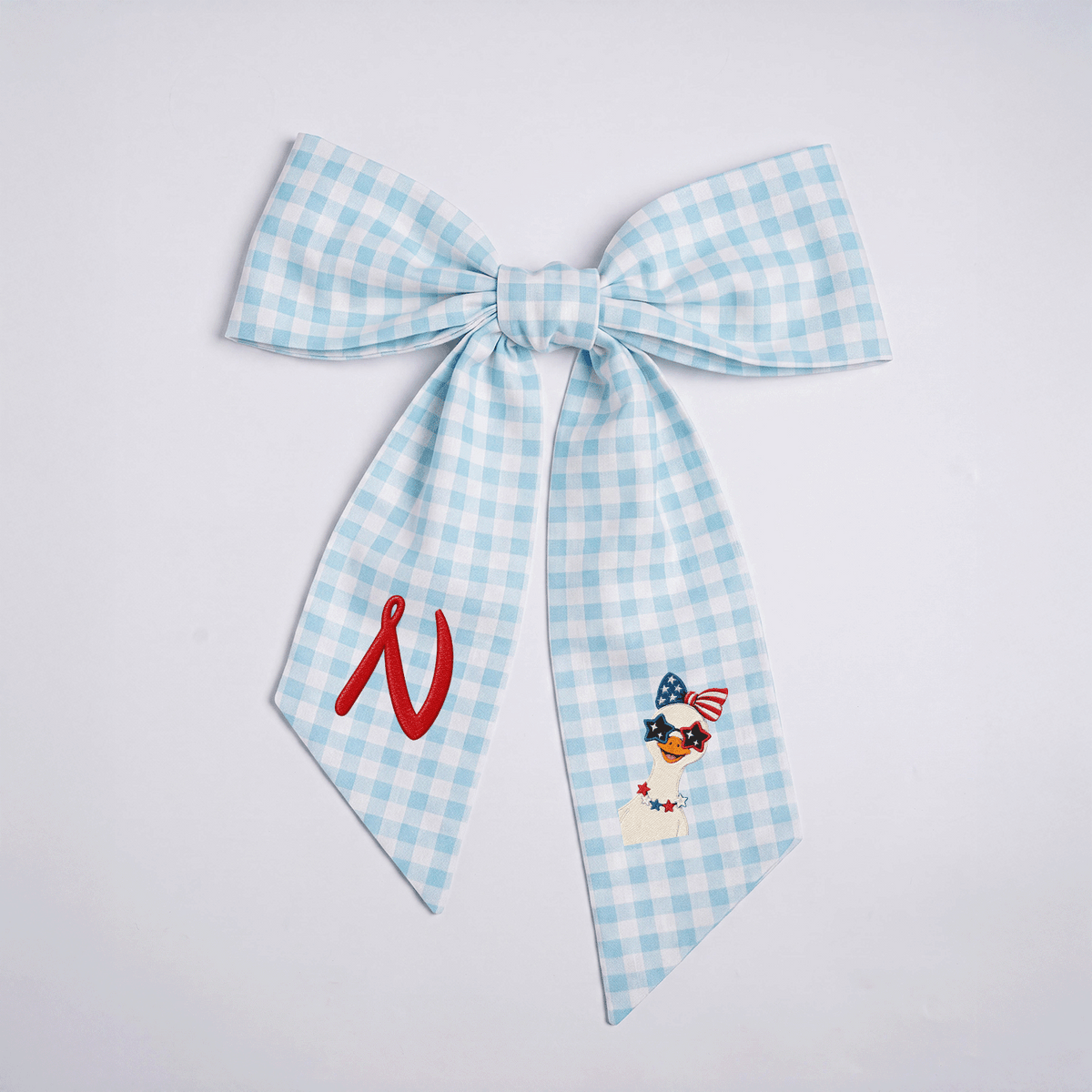 Custom Monogram Patriotic Goose Embroidered Linen Door Wreath Sash, Personalized Initial Bow Goose Gingham Holiday Wreath Sash & Front Door Decor