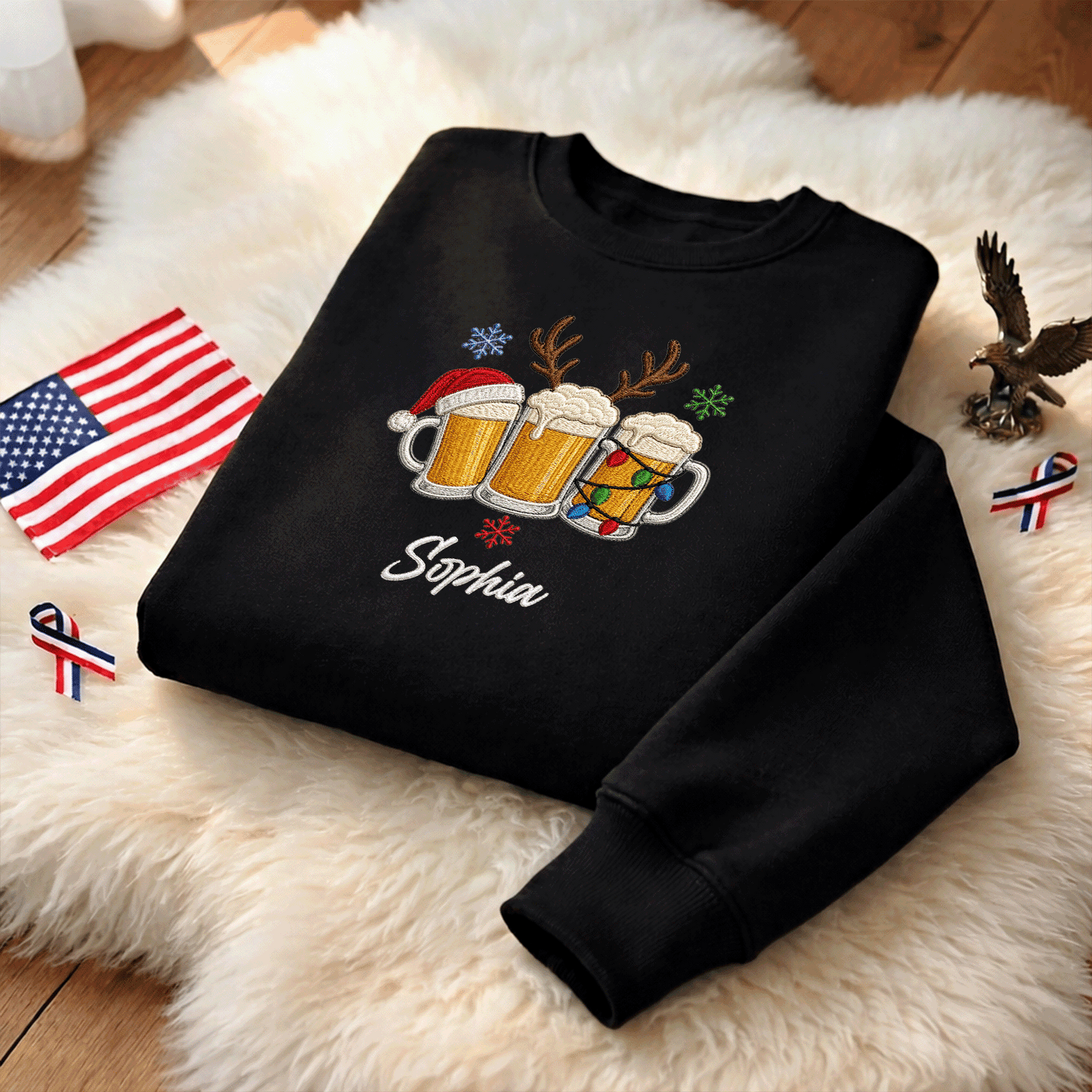 Personalized Embroidered Christmas Beer Mugs Sweatshirt with Custom Name