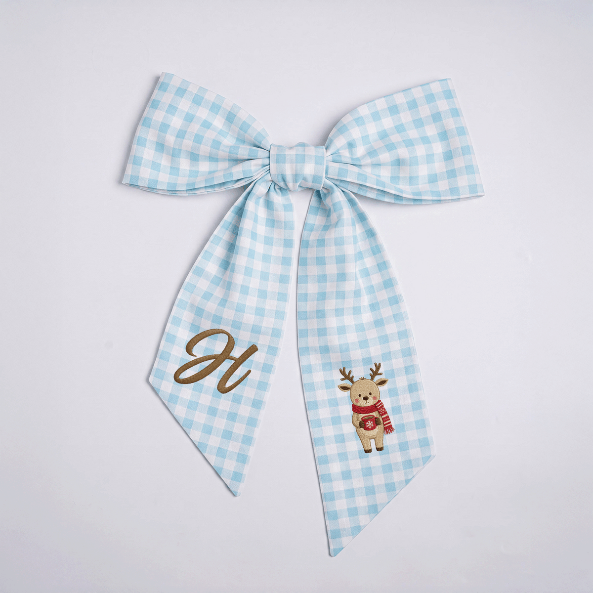 Custom Letter Christmas Reindeer Embroidered Linen Wreath Sash, Personalized Monogram Holiday Bow Sash for Door Decor