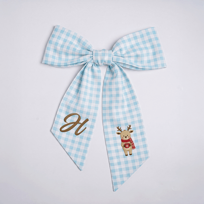 Custom Letter Christmas Reindeer Embroidered Linen Wreath Sash, Personalized Monogram Holiday Bow Sash for Door Decor