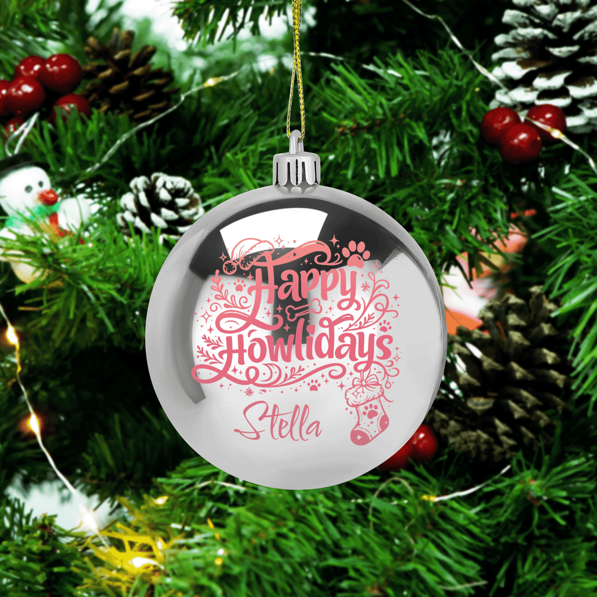 Personalized Dog Name Happy Howlidays Christmas Ball Ornament, Custom Pet Blue Shatterproof Plastic Bauble