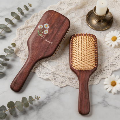 Personalized Wooden Hair Brush with Birth Flower and Name – “Bloom Where You're Planted” Gift for Her