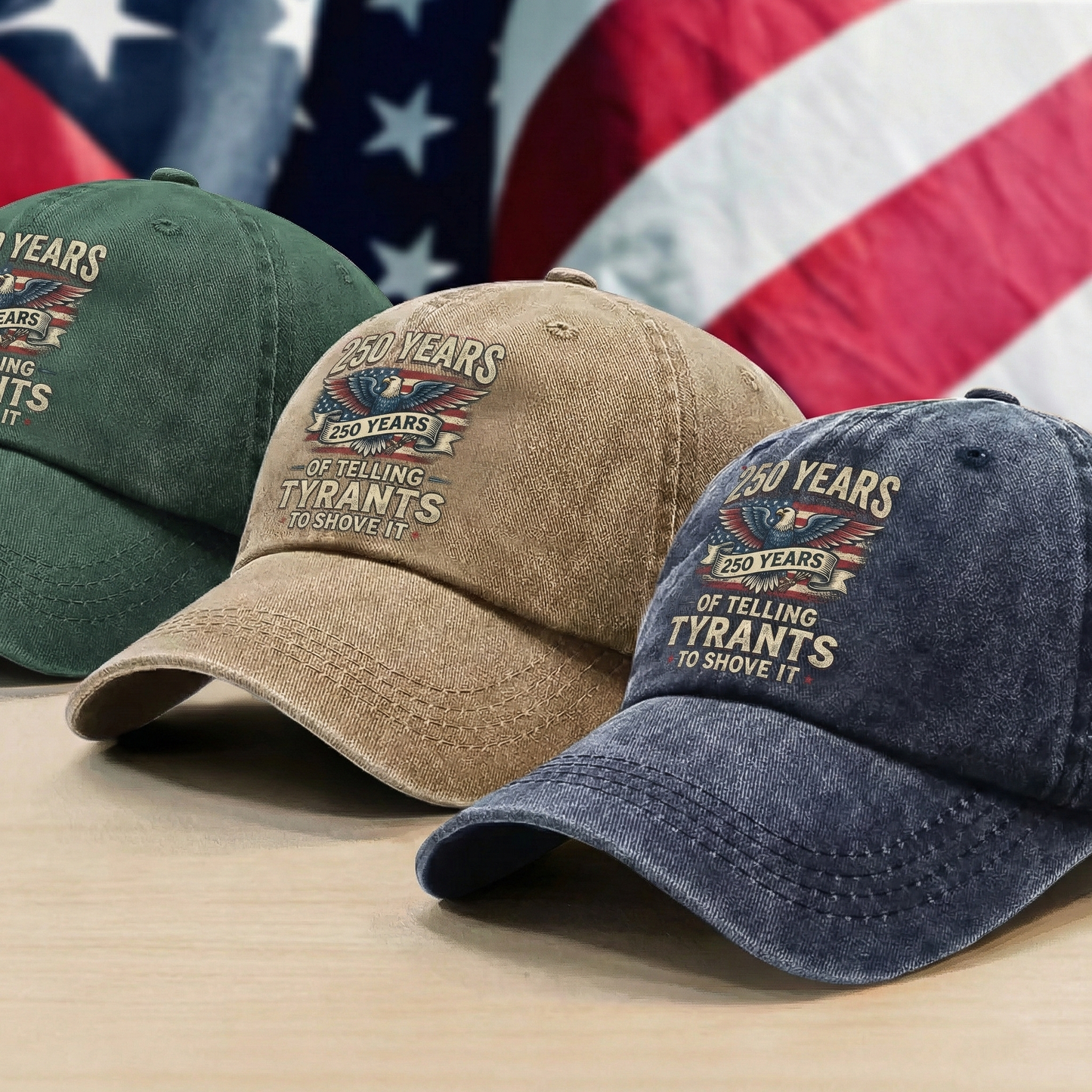 250 Years of Telling Tyrants Eagle Washed Denim Baseball Cap – Custom Name Patriotic USA 250th Anniversary Hat