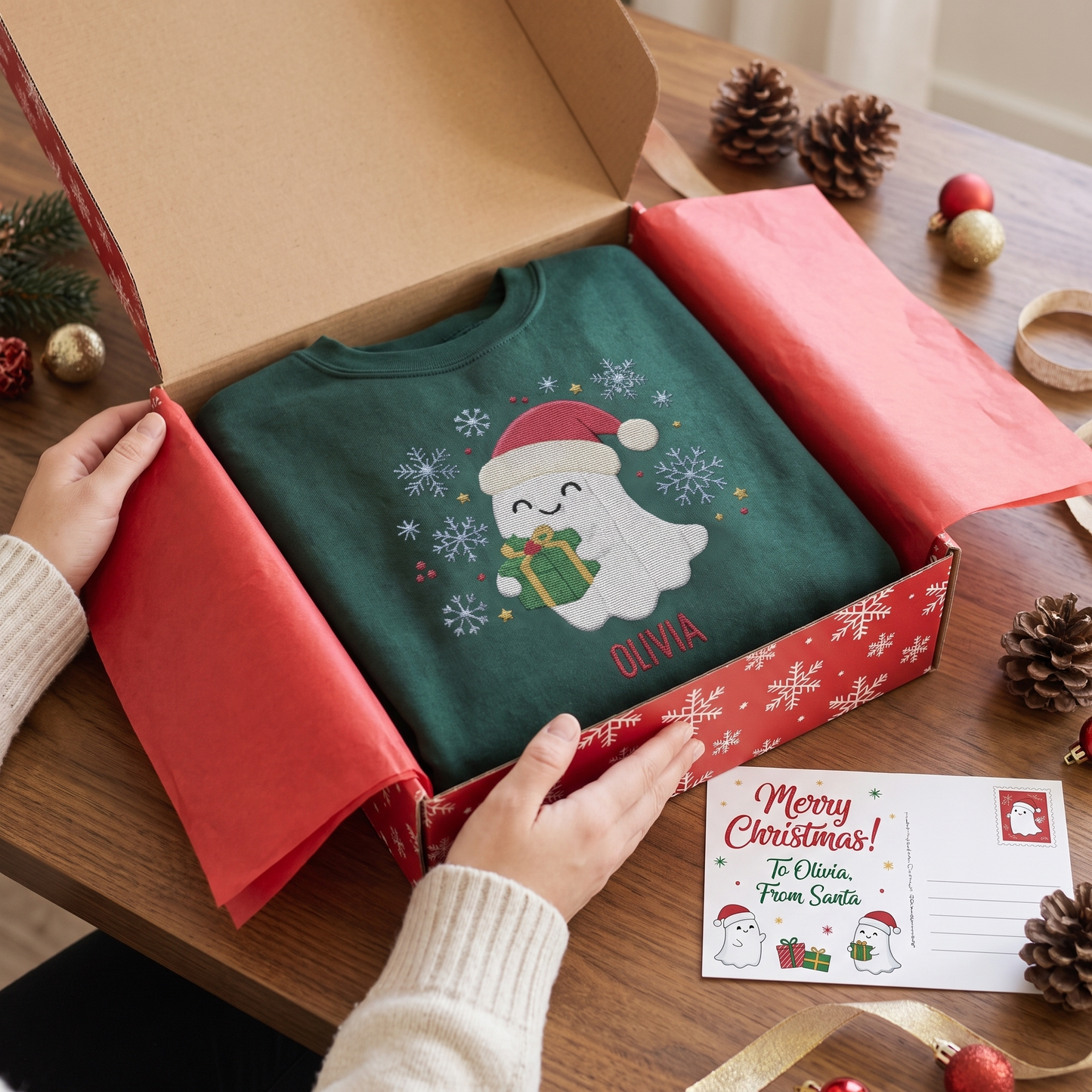 Personalized Cute Christmas Ghost Embroidered Sweatshirt | Custom Name Holiday Crewneck Gift