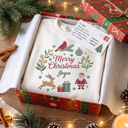 Personalized Embroidered Merry Christmas Holiday Icons Sweatshirt with Custom Name