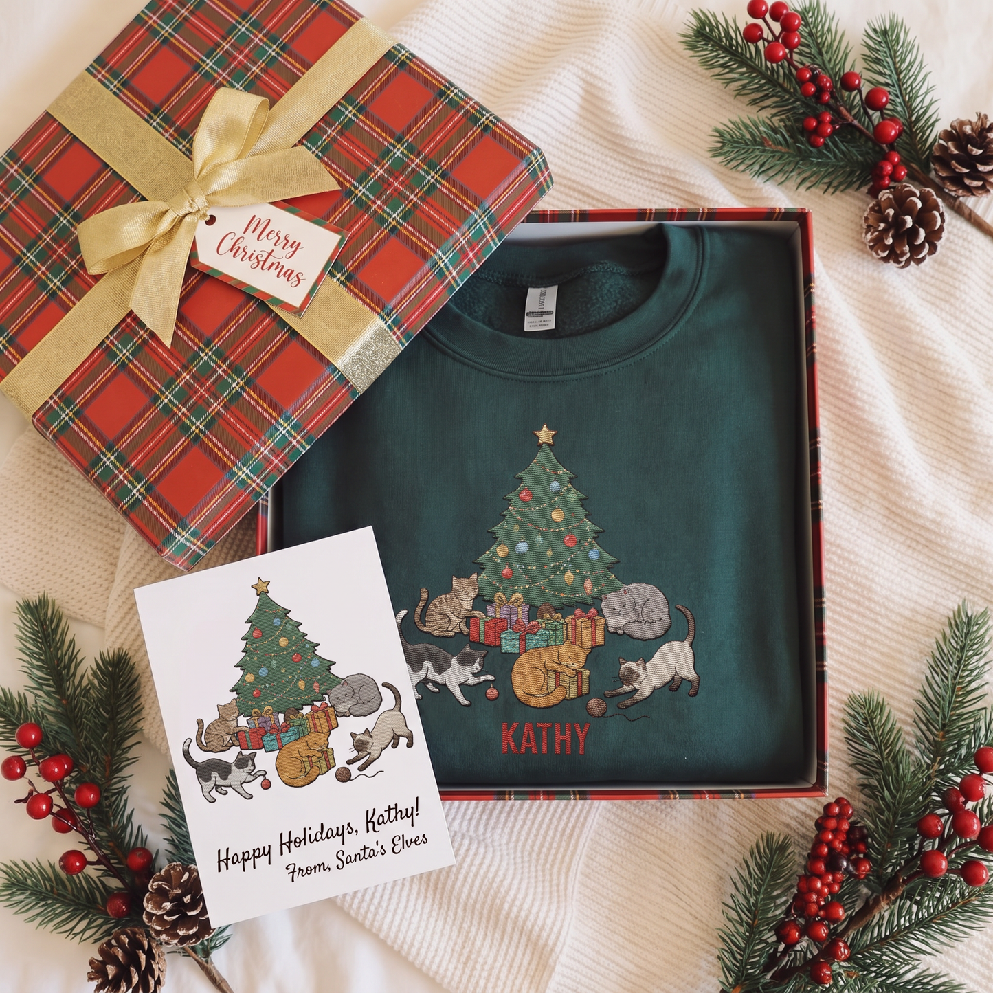 Personalized Christmas Cat Lover Sweatshirt with Custom Name | Cozy Holiday Cats Around Tree Crewneck