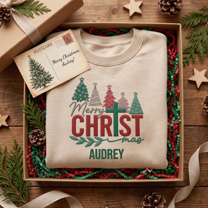 Merry Christmas Embroidered Sweatshirt, Christmas Tree Holiday Pullover