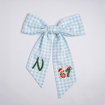 Custom Monogram Christmas 67 Santa Elf Hat Embroidered Linen Door Wreath Sash, Personalized Wreath Sash & Front Door Decor