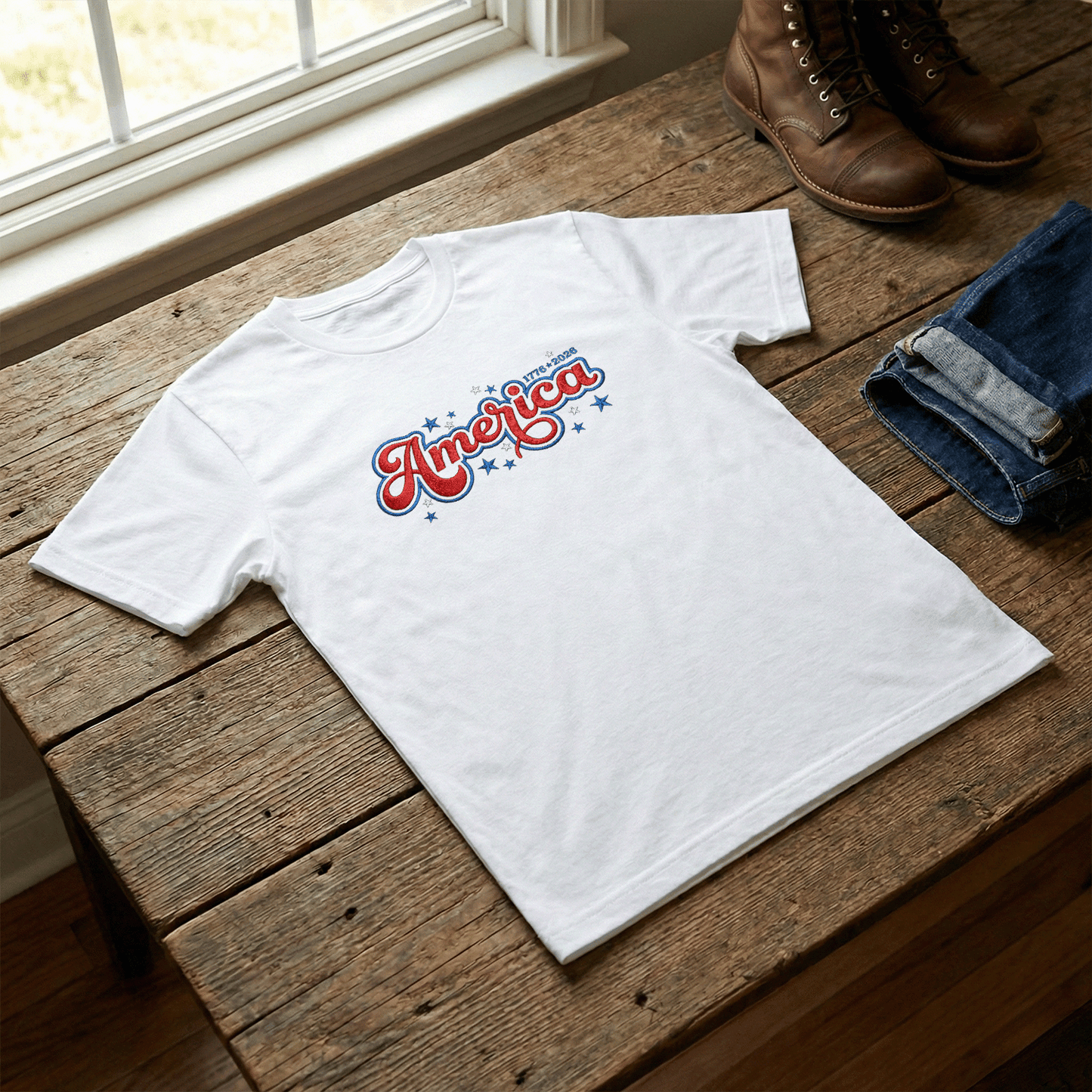 USA 250 Freedom - Embroidered T-Shirt 1776-2026 Patriotic Design