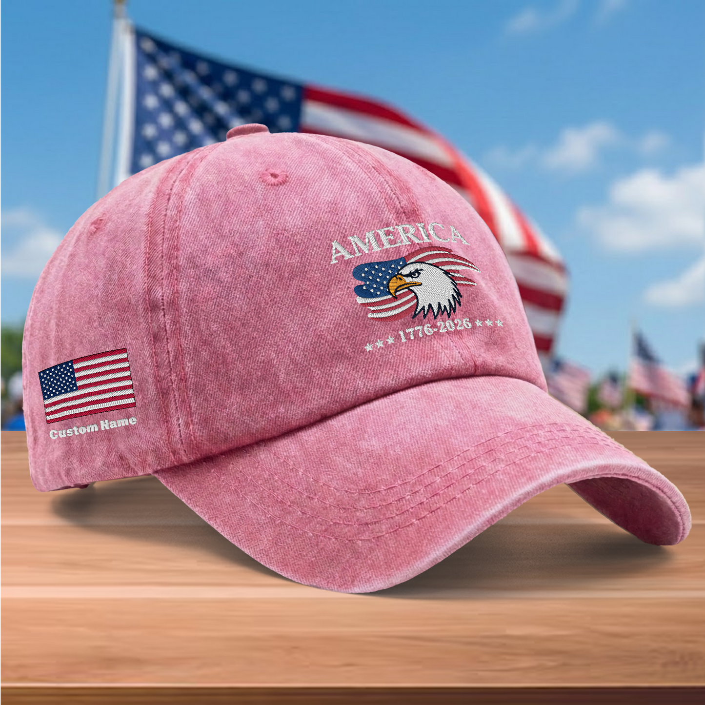 America 250 Years 1776-2026 Eagle Embroidered Washed Denim Baseball Cap – Custom Name Patriotic USA Anniversary Hat