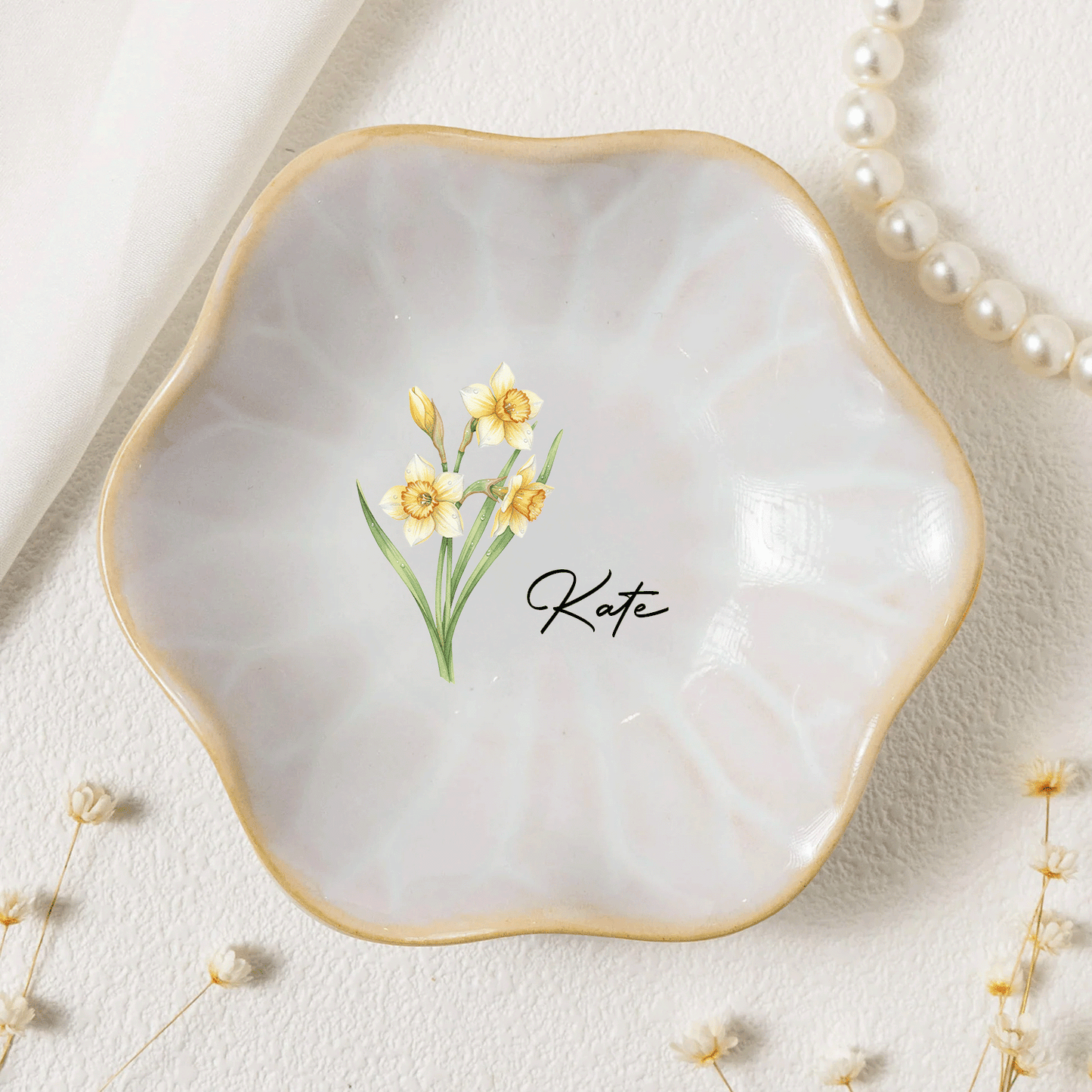 Personalized Birth Month Flower Jewelry Dish - Custom Name Trinket Dish, Mother’s Day Gift for Her