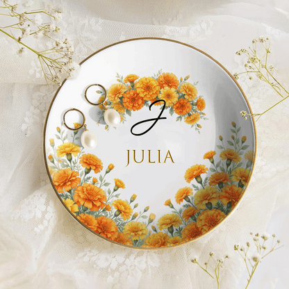 Personalized Birth Month Flower Ring Dish Custom Name Jewelry Trinket Dish