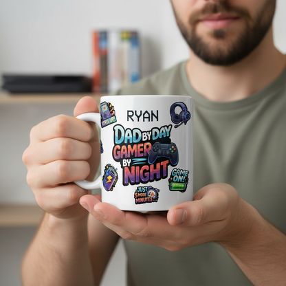 Personalized Gamer Dad Mug – Dad by Day Gamer by Night Custom Name Coffee Mug
