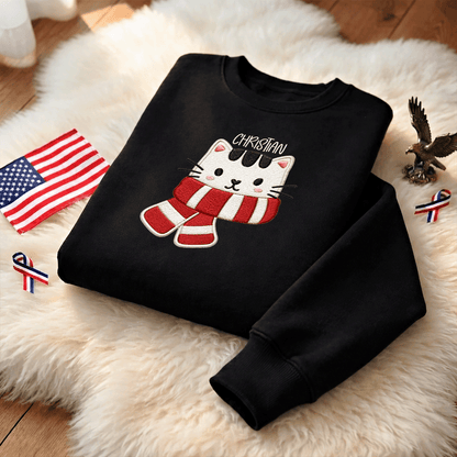 Personalized Embroidered Christmas Scarf Cat Sweatshirt with Custom Name