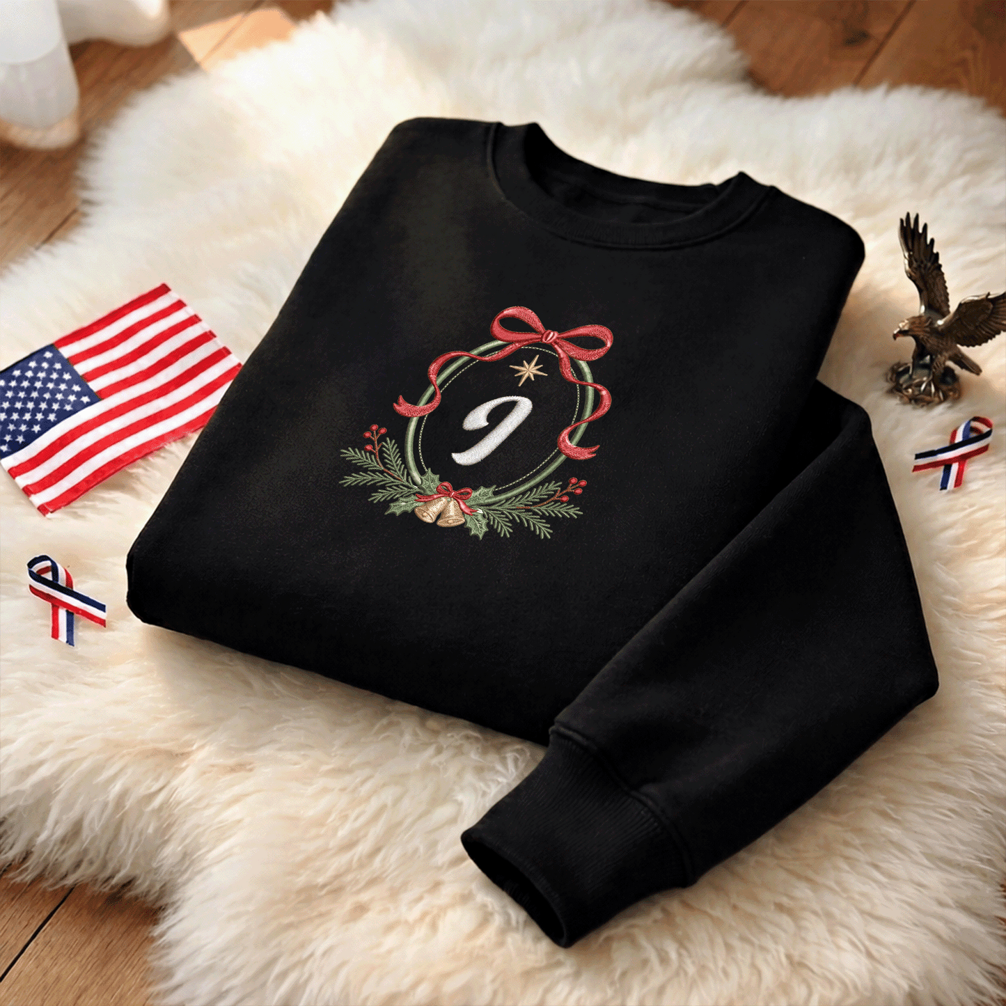 Personalized Embroidered Christmas Monogram Wreath Sweatshirt with Custom Initial