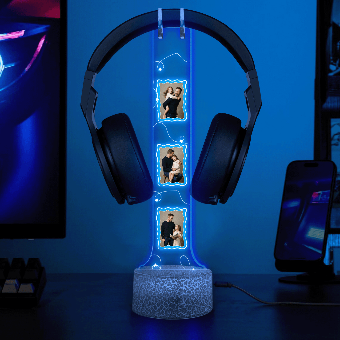 Personalized Acrylic Headphone Stand with Lights – Custom Photo Gift for Dad