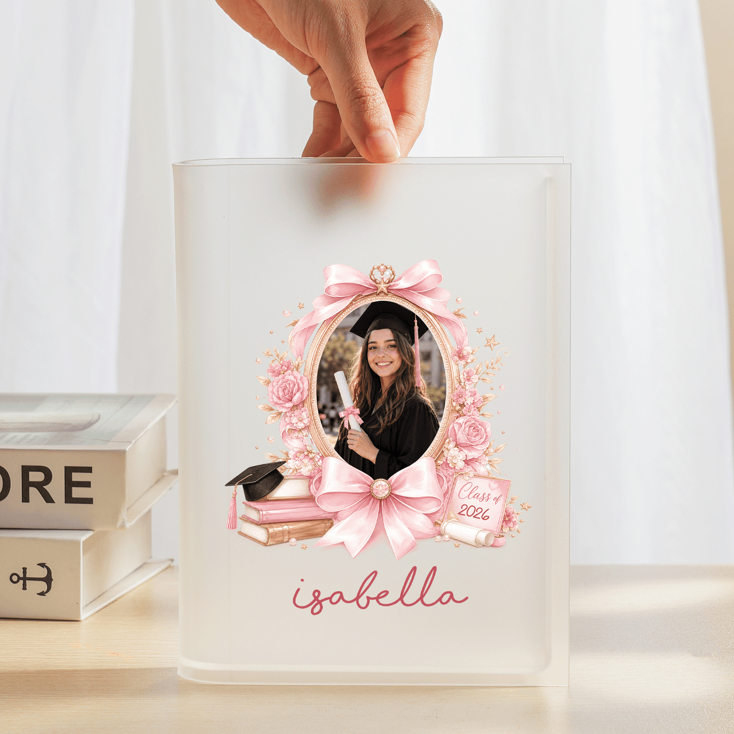 Personalized Pink Bow Acrylic Book Vase with Custom Photo
