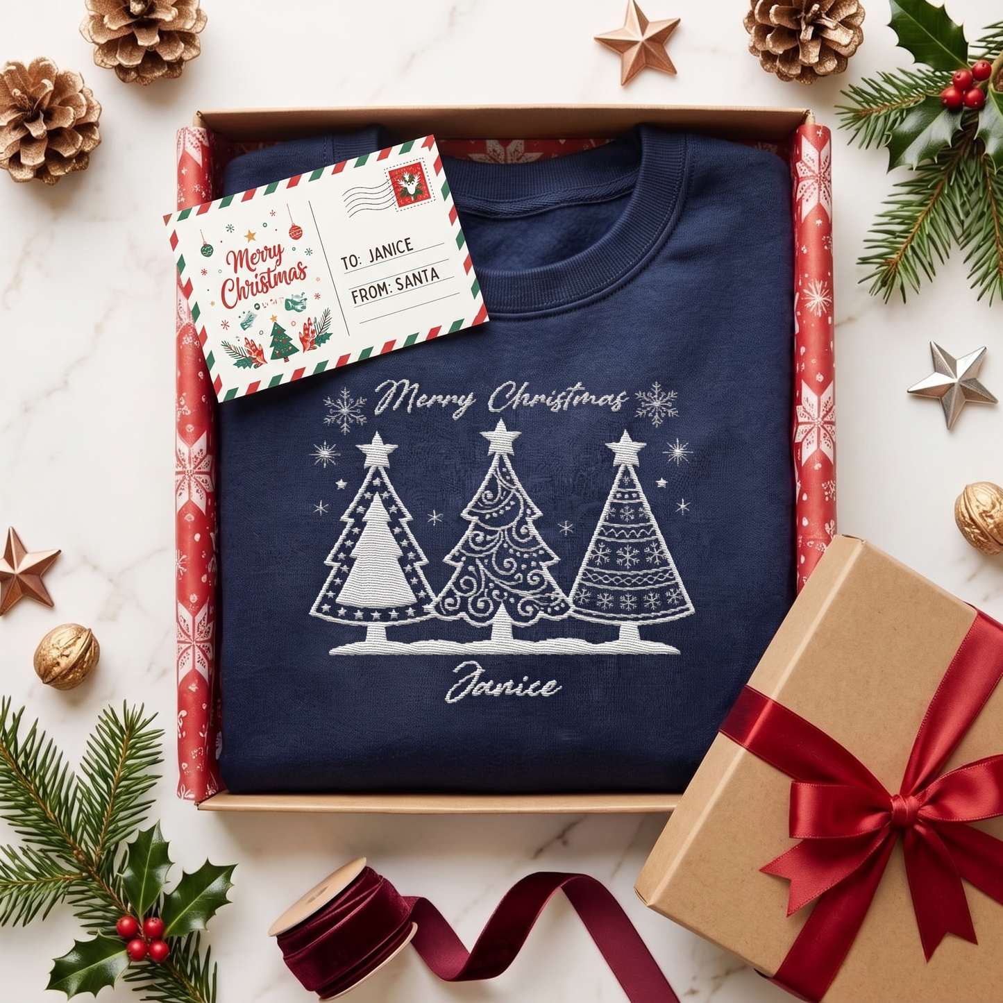 Personalized Merry Christmas Embroidered Christmas Tree Sweatshirt
