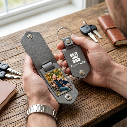 Personalized Leather Photo Keychain for Dad - Best Dad Drive Safe Father's Day Gift