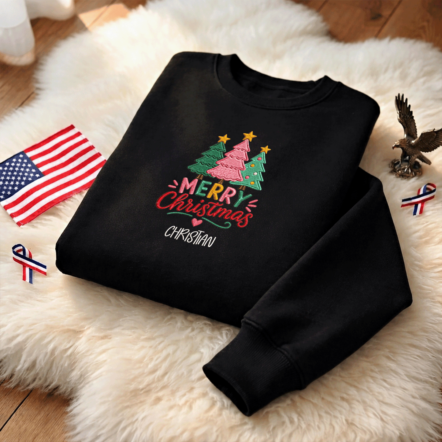 Personalized Embroidered Merry Christmas Trees Sweatshirt, Custom Name Holiday Pullover