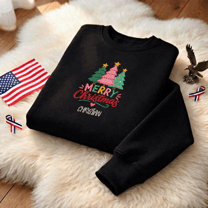 Personalized Embroidered Merry Christmas Trees Sweatshirt, Custom Name Holiday Pullover