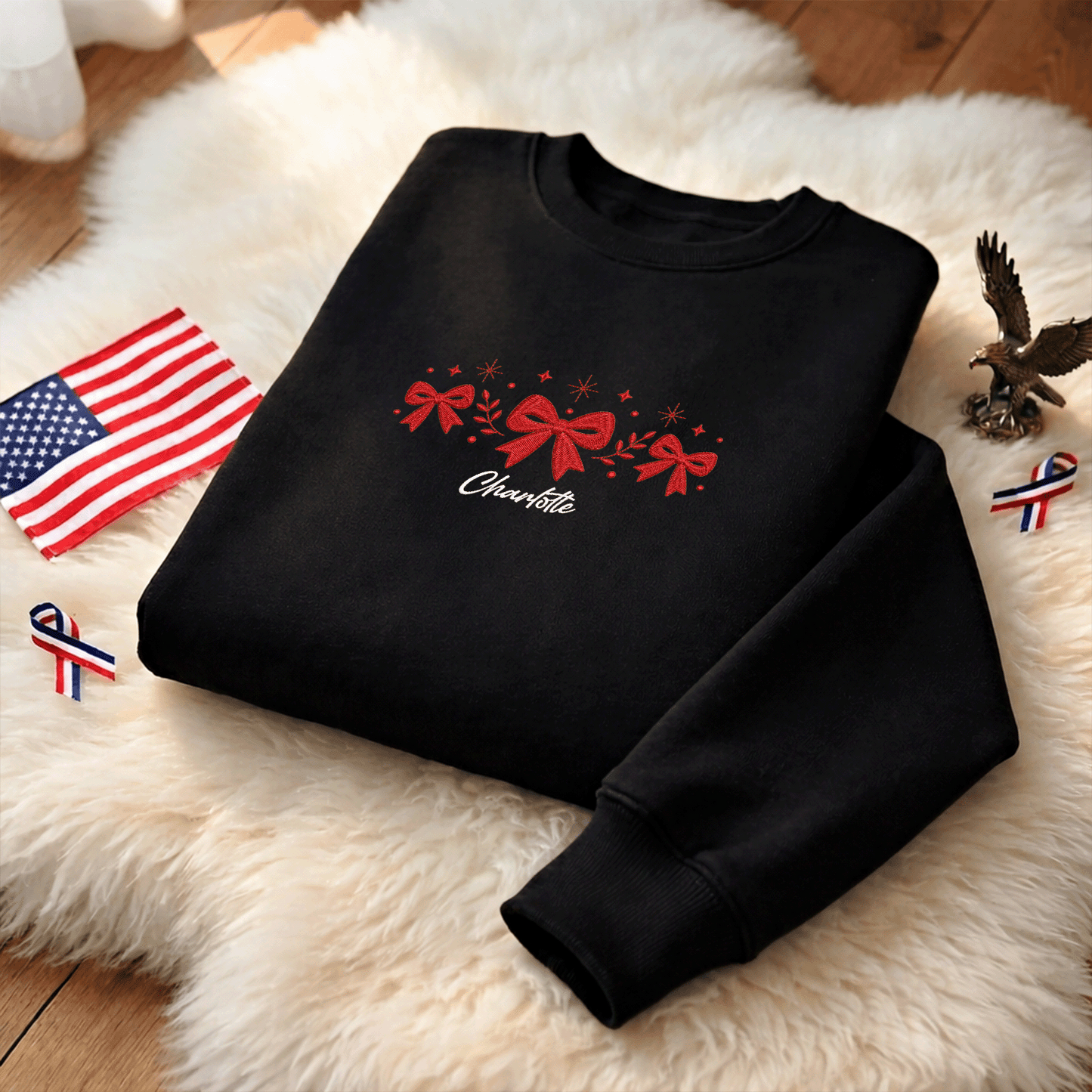 Personalized Embroidered Festive Red Bows Sweatshirt with Custom Name