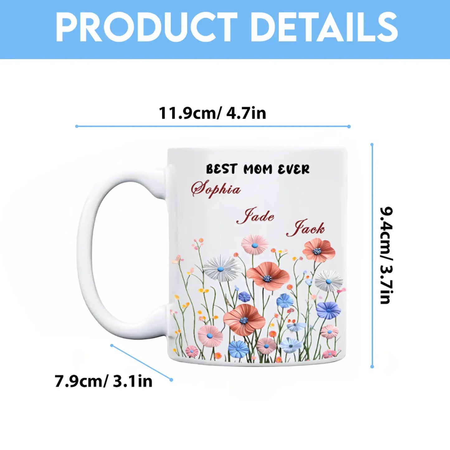 Personalized Mom Floral Mug with Kids Names – Custom Coffee Cup Mother’s Day Gift for Mom