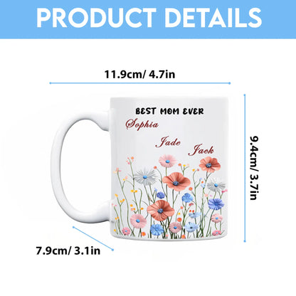 Personalized Mom Floral Mug with Kids Names – Custom Coffee Cup Mother’s Day Gift for Mom