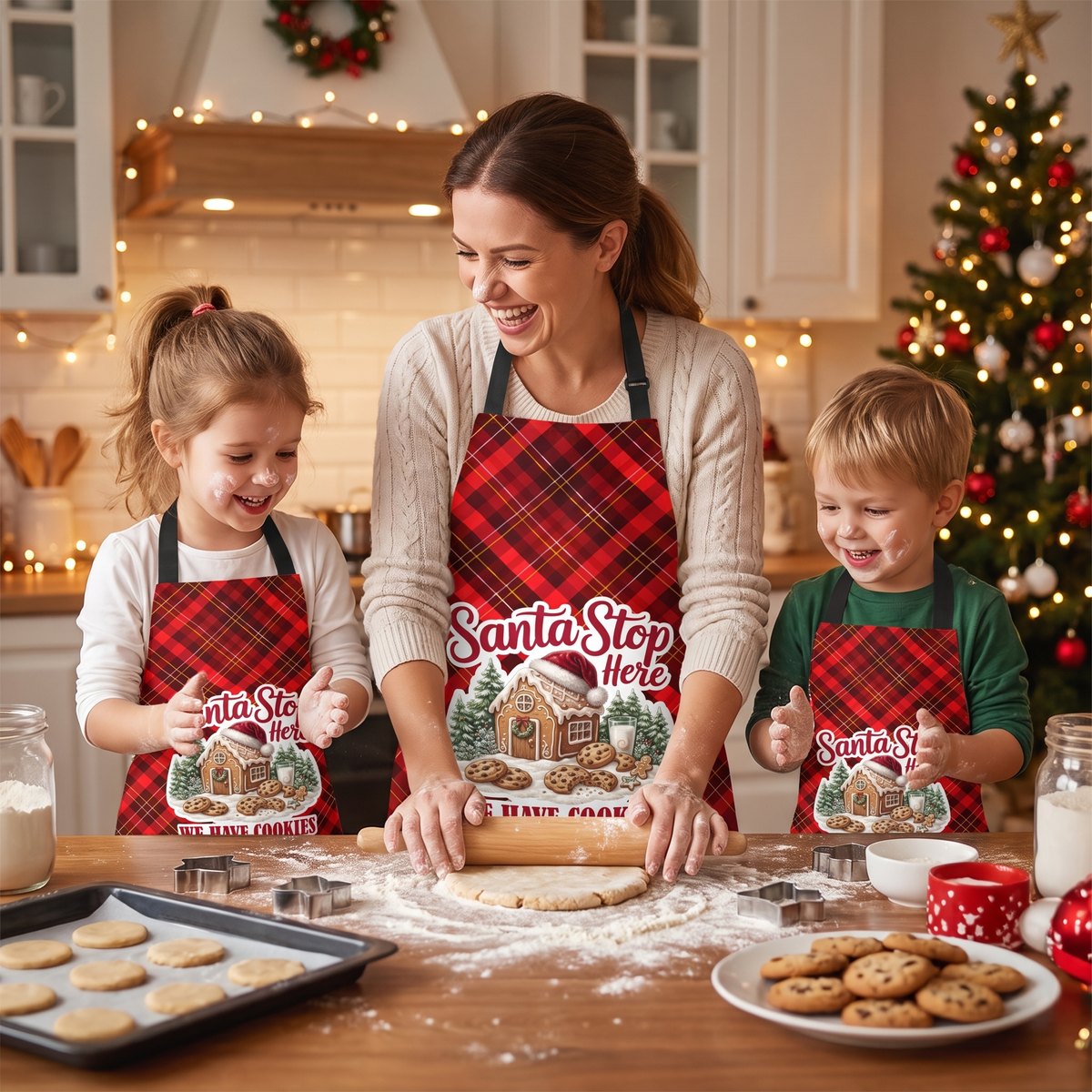 Mom and two kids in matching red plaid Santa Stop Here aprons rolling cookie dough