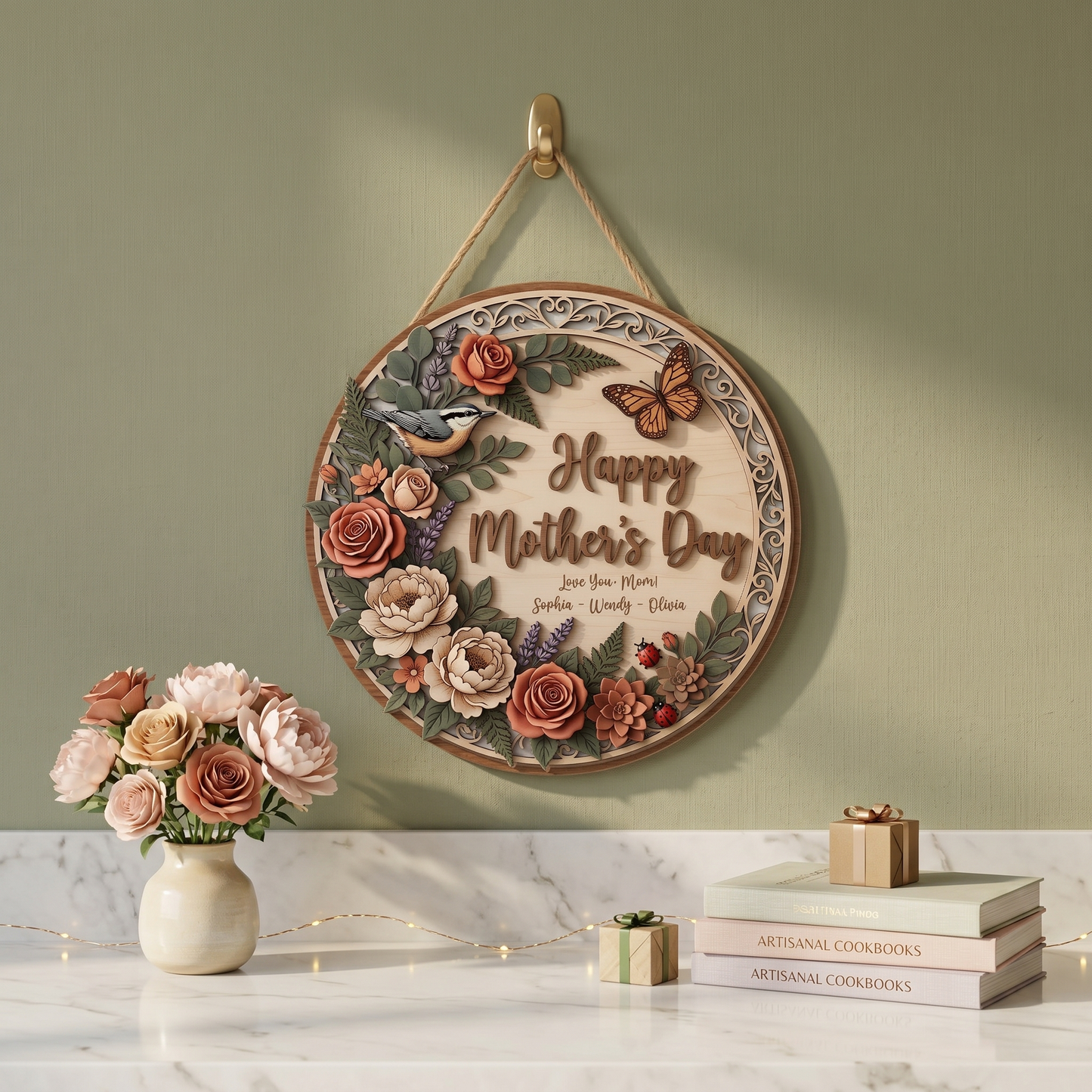 Purple Floral Mason Jar – Happy Mother’s Day Personalized Door Hanger – Gift for Mom Front Door Decor