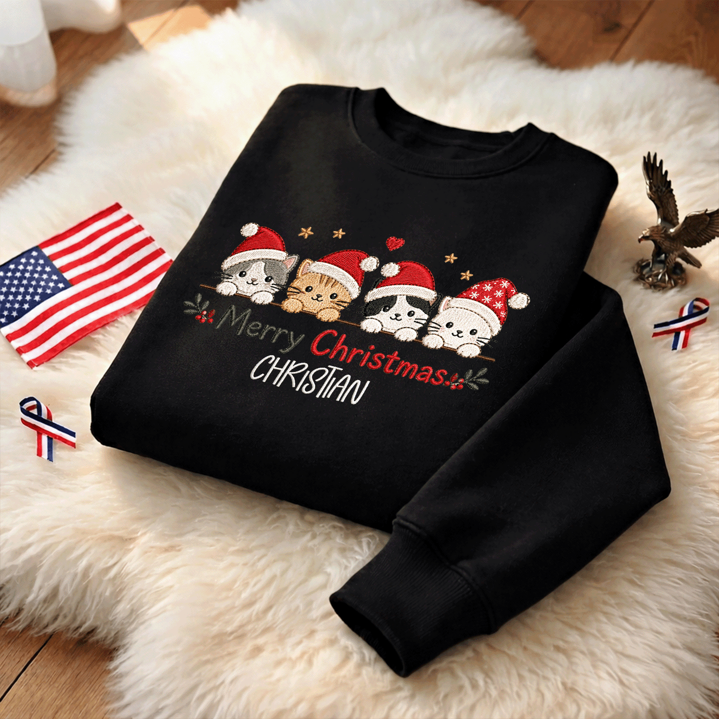 Personalized Embroidered Merry Christmas Cats Sweatshirt with Custom Name