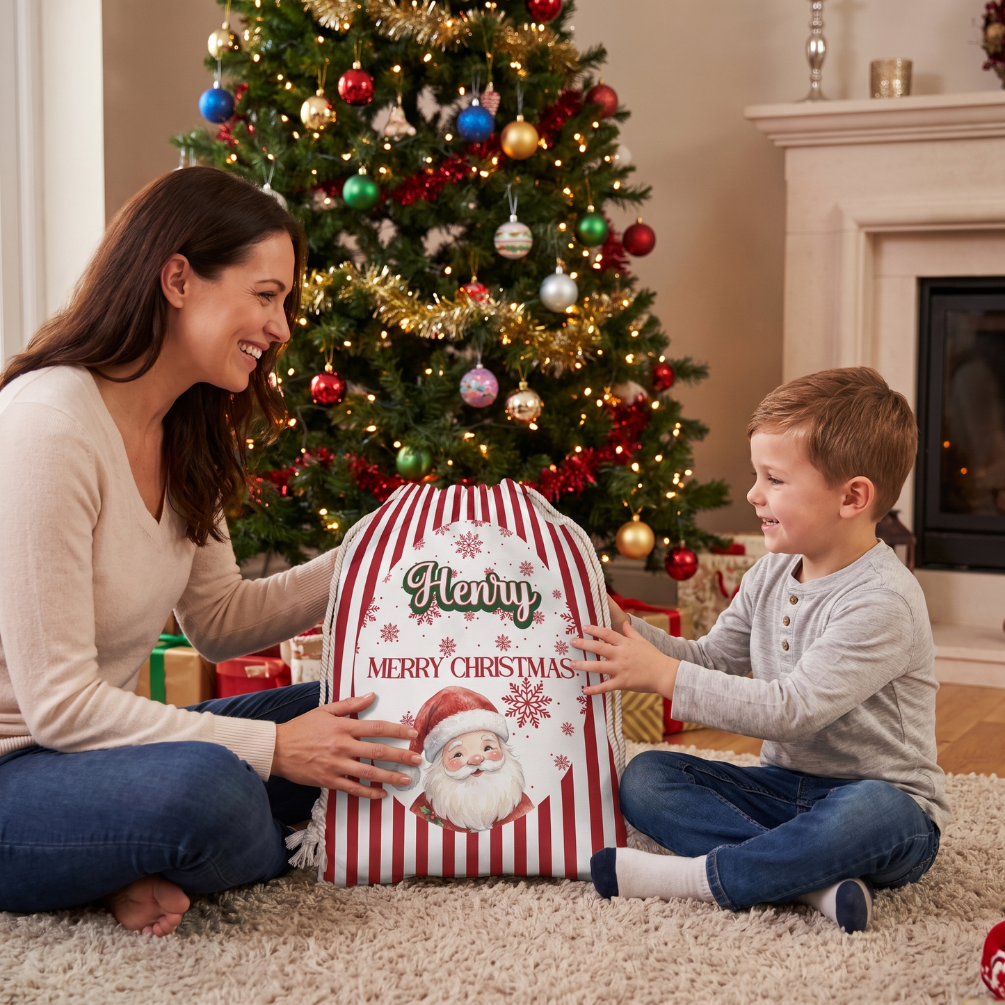 Personalized Cute Santa Pattern Christmas Sack with Custom Name
