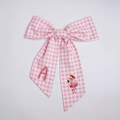 Custom Monogram Christmas Flamingo Floral Toile Wreath Bow, Personalized Initial Holiday Flamingo Wreath Sash & Front Door Decor