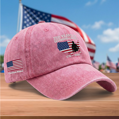 250 Years of Defending Liberty 1776-2026 Embroidered Washed Denim Baseball Cap – Custom Name Patriotic USA Military Anniversary Hat