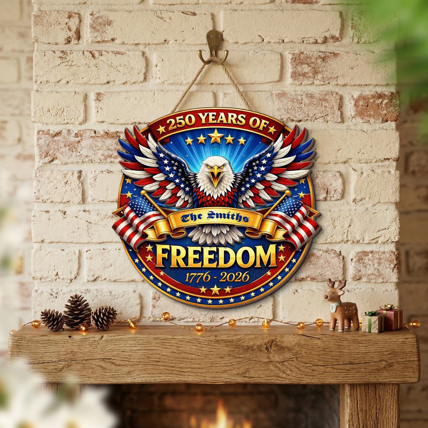 Personalized Freedom 250 Years Wood Sign – Custom Family Name America 1776-2026 Patriotic Door Sign