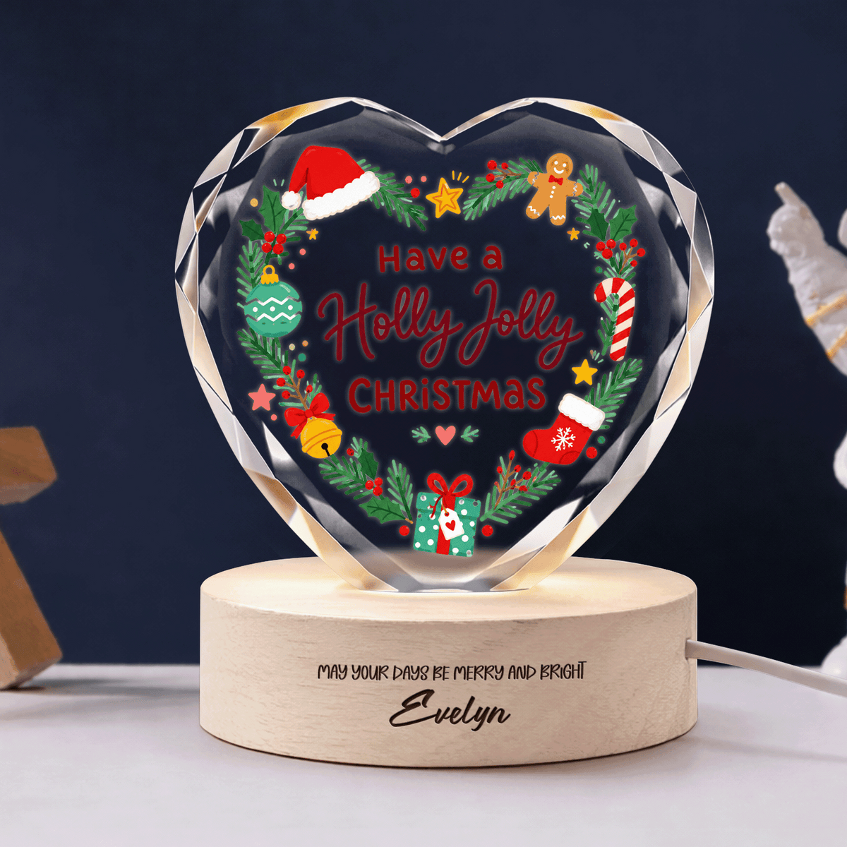 Custom Have A Holly Jolly Christmas Wreath 3D Laser Engraved Crystal Heart with LED Wooden Standee, Personalized Name Holiday Night Light Keepsake