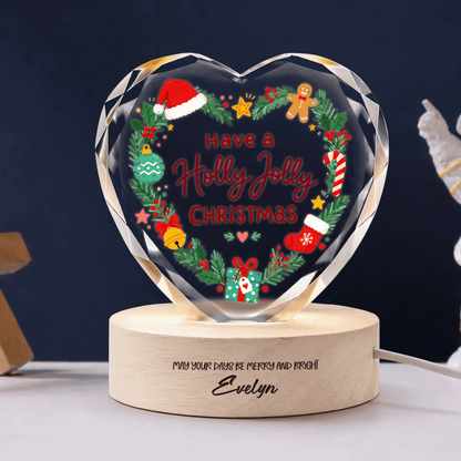 Custom Have A Holly Jolly Christmas Wreath 3D Laser Engraved Crystal Heart with LED Wooden Standee, Personalized Name Holiday Night Light Keepsake