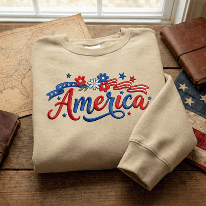 Floral America Embroidery Design - Patriotic USA Flag with Flowers