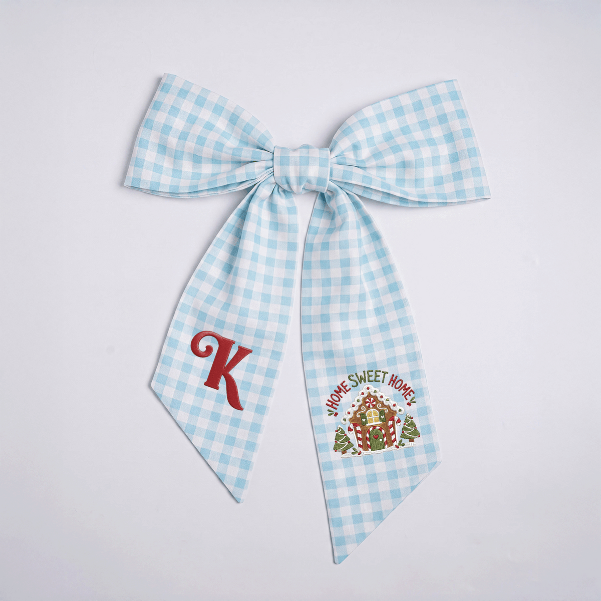 Custom Letter Gingerbread House Home Sweet Home Embroidered Linen Wreath Sash, Personalized Monogram Holiday Bow Sash for Door Decor