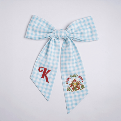 Custom Letter Gingerbread House Home Sweet Home Embroidered Linen Wreath Sash, Personalized Monogram Holiday Bow Sash for Door Decor