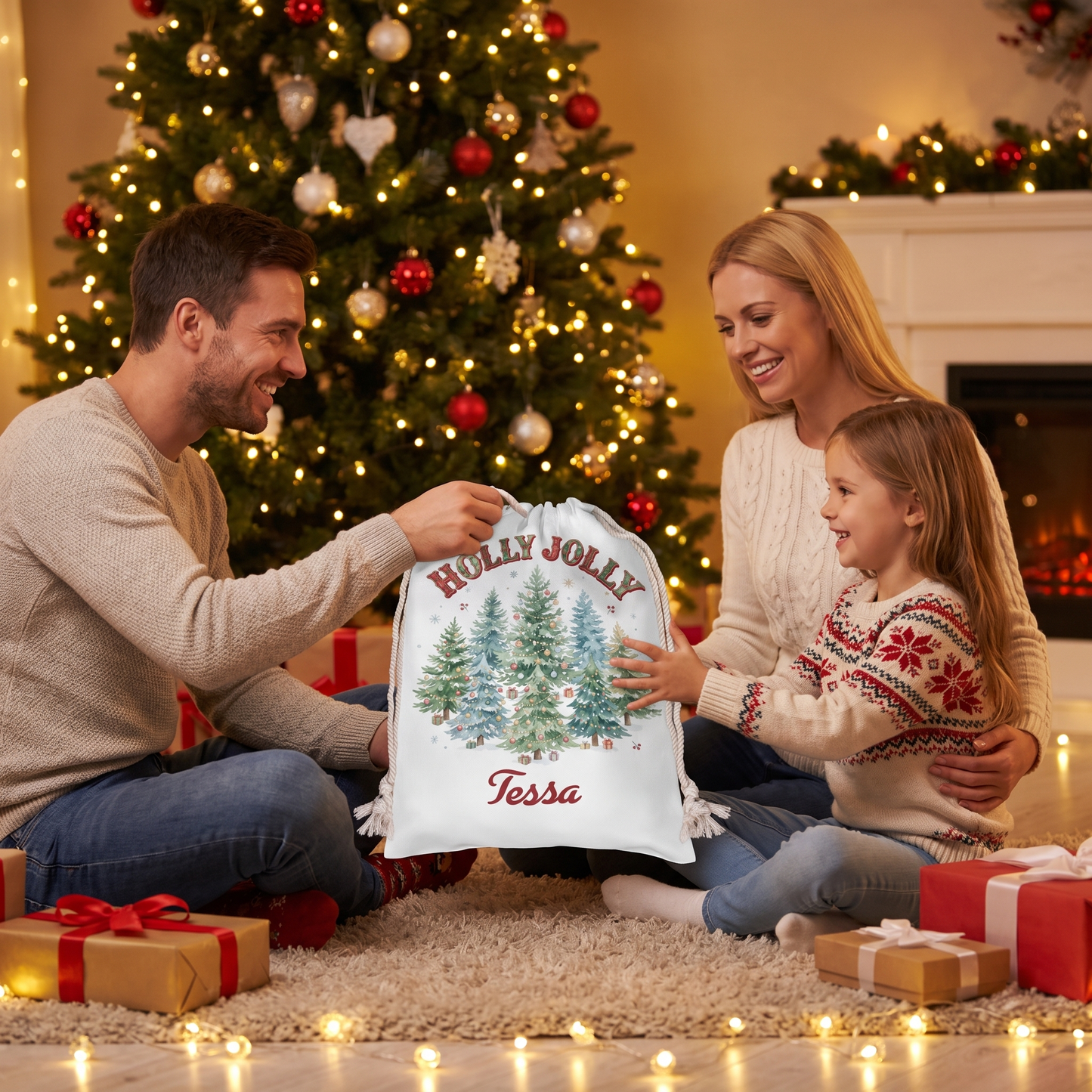 Personalized Holly Jolly Christmas Sack, Custom Name Santa Gift Bag