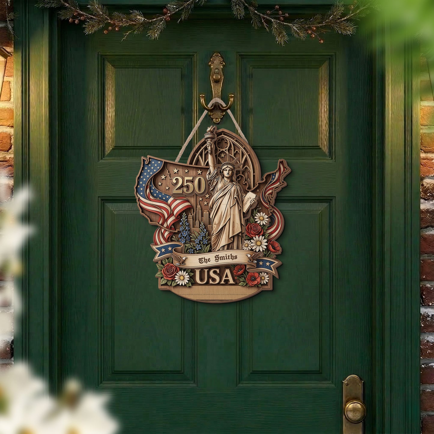 USA 250th Anniversary 2 Layer Wood Sign Statue Of Liberty Patriotic Custom Family Name Decor