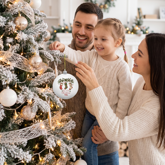Parents helping their daughter hang a white Our First Christmas stockings ornament on a flocked tree