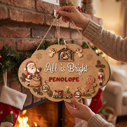 Personalized Nativity & Santa All Is Bright Custom Shape Wood Sign, Custom Family Name Nutcracker Gingerbread Wooden Hanging Plaque, Festive Christmas Door & Wall Decor Family Gift