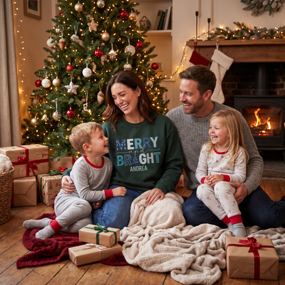 Personalized Merry and Bright Christmas Sweatshirt with Custom Name | Festive Holiday Crewneck Gift