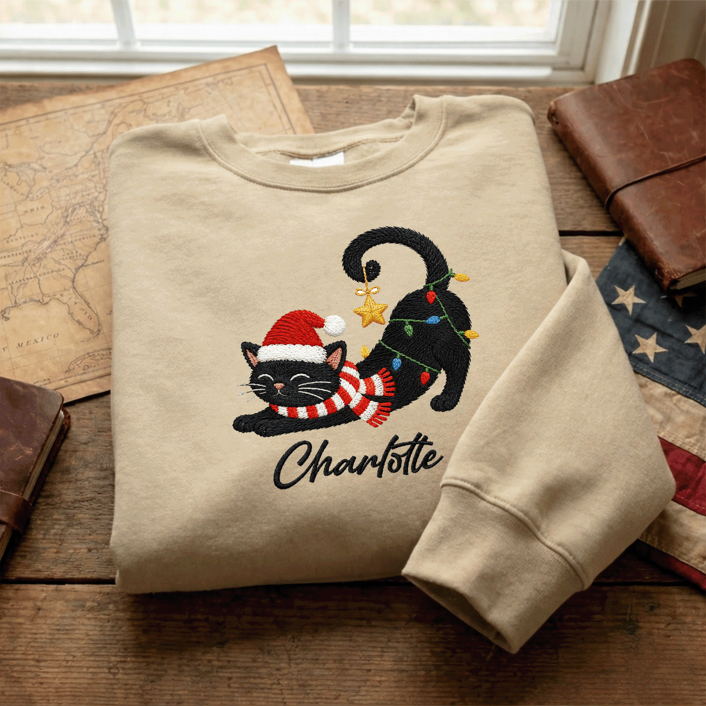 Personalized Embroidered Christmas Black Cat Sweatshirt with Custom Name