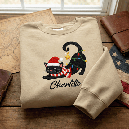 Personalized Embroidered Christmas Black Cat Sweatshirt with Custom Name