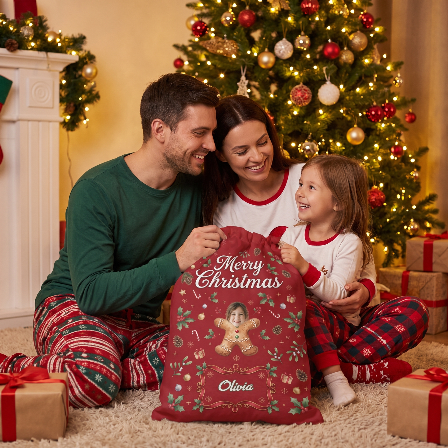 Personalized Cute Gingerbread Cookie Christmas Sack with Custom Face